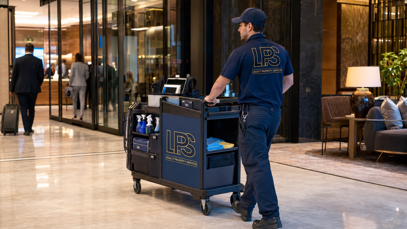 Uniformed LPS crew member servicing an upscale hotel lobby