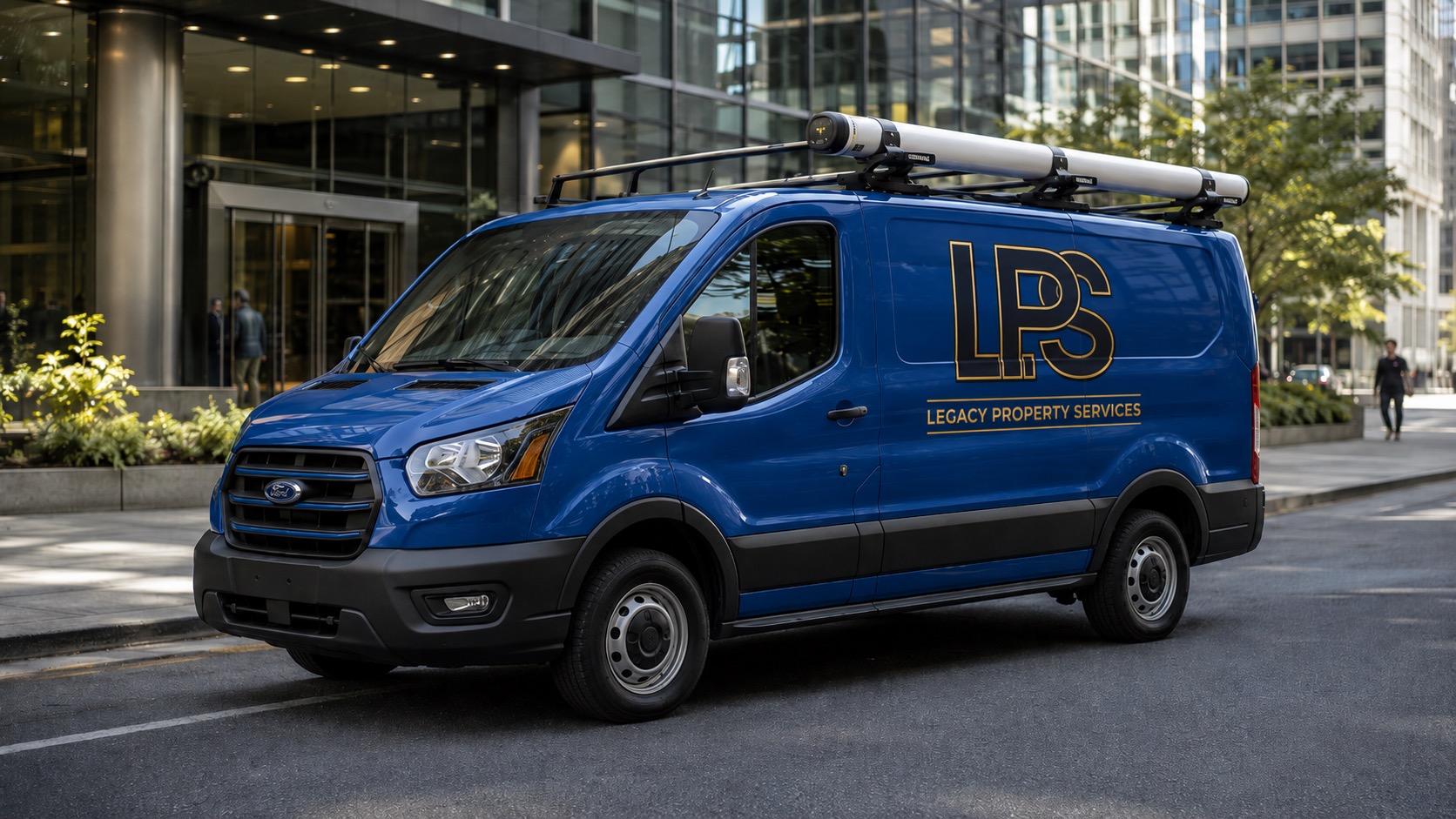 Branded LPS Legacy Property Services van parked outside a commercial building