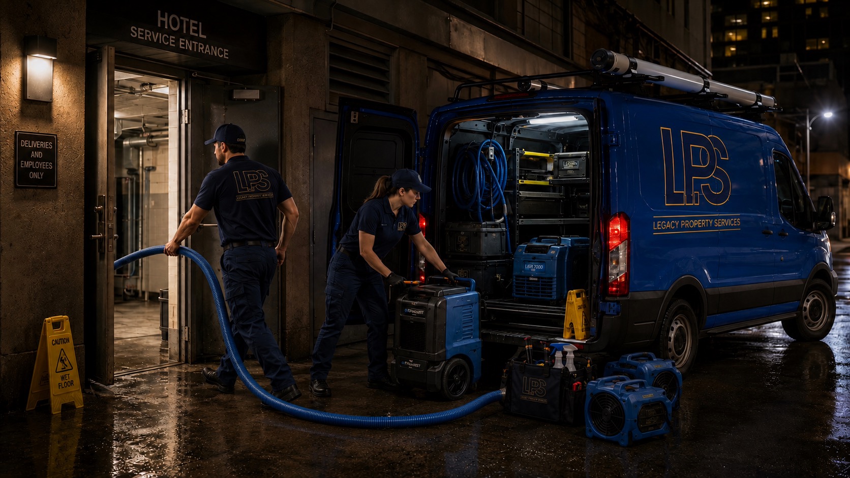 LPS crew unloading water-mitigation equipment from a branded van at a hotel service entrance at night