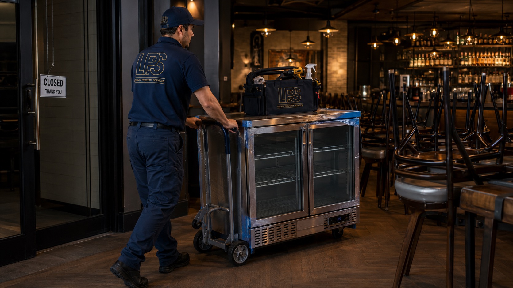 LPS technician delivering a replacement glass-door cooler into a closed restaurant